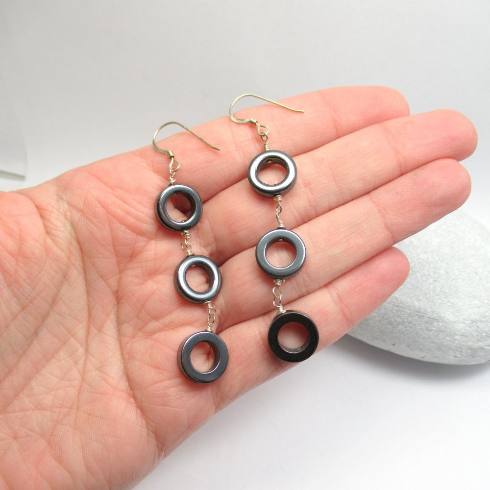 Sterling Hematite Donut earrings - Picture 7 of 8